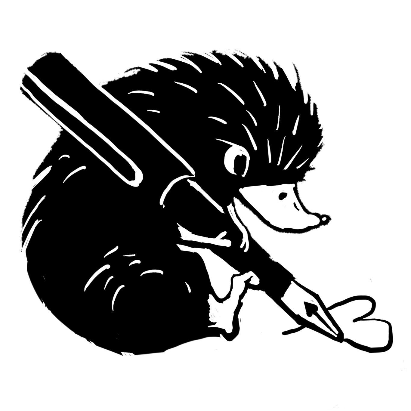 Linotype style illustration of a hedgehog writing with a fountain pen