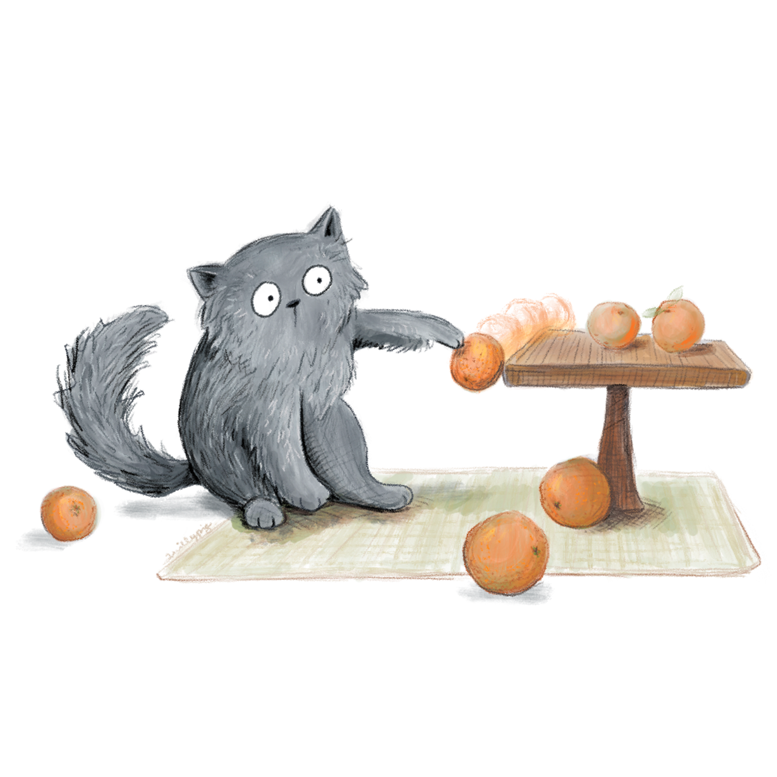 Fluffy cute cat knocking oranges off a small table’