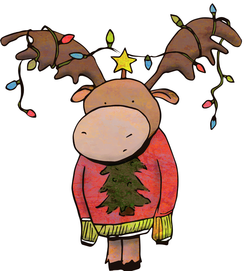 Unhappy Moose in an oversized ugly Christmas sweater with Christmas lights tangled in antlers