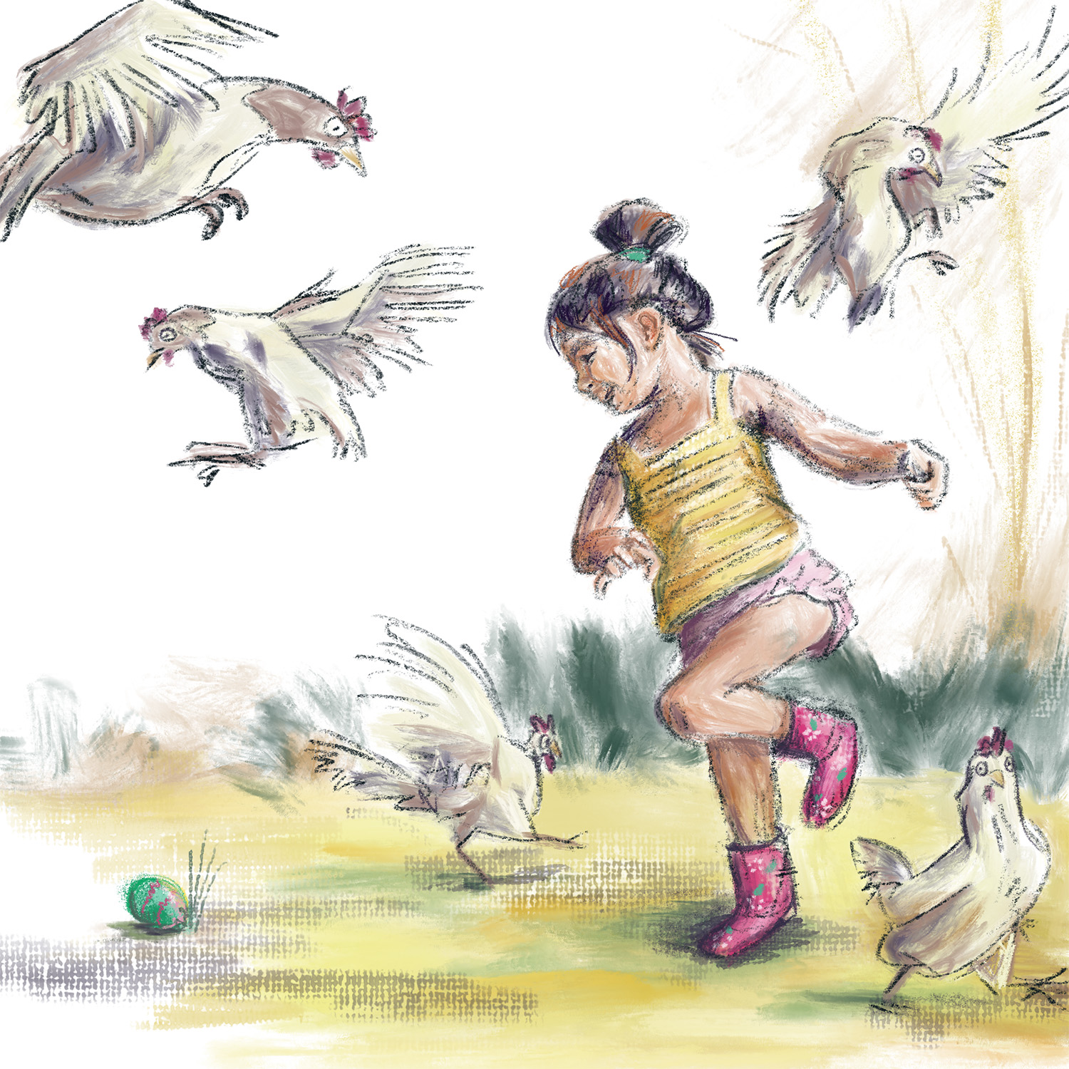 Kidlit illustration of a young child racing towards a hidden Easter egg, while silly chickens scatter in all directions