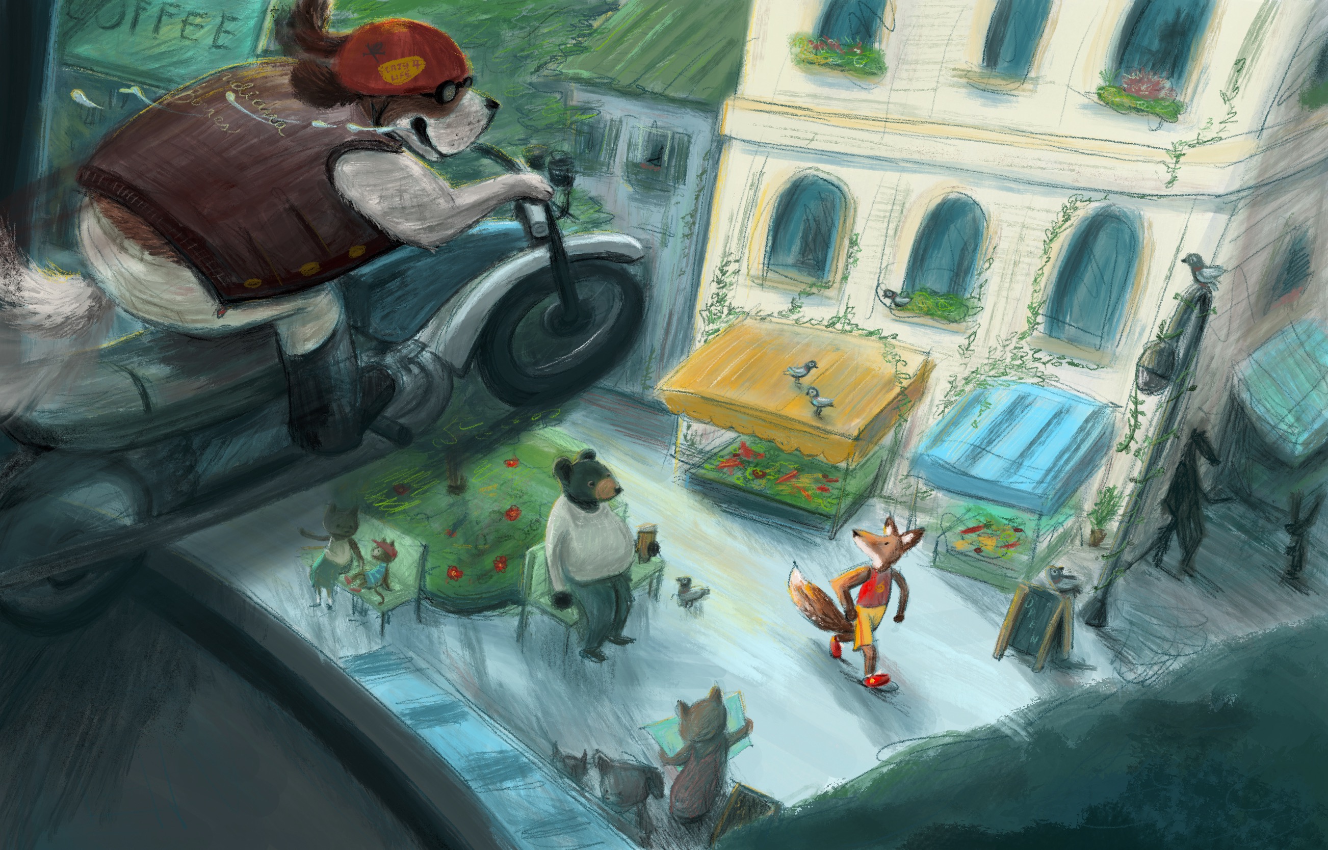 Childrens book illustration of a large dog riding a motorcycle off a roof, to jump over a fox jogging through a colorful city