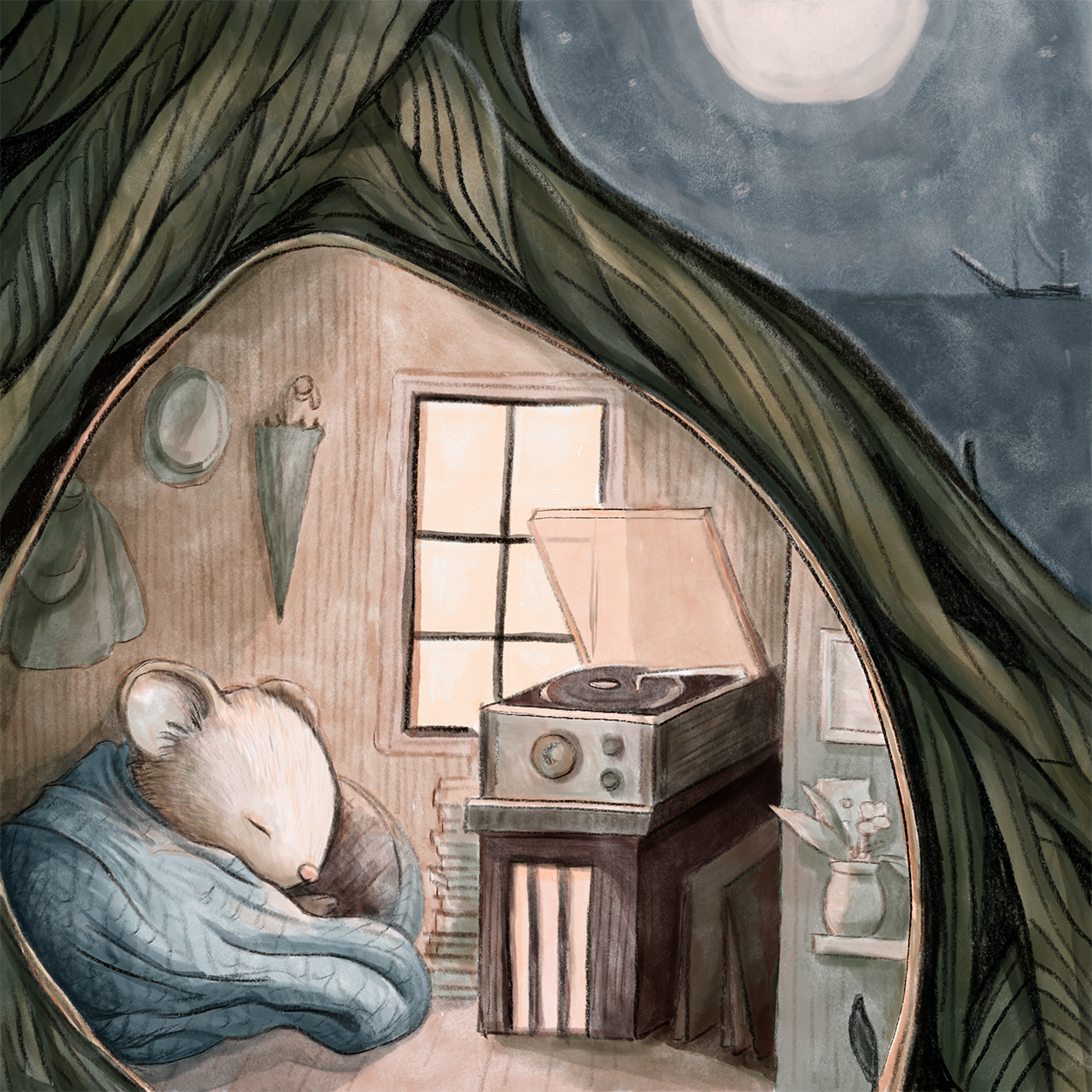 Watercolor and colored pencil illustration of a cute whimsical mouse sleeping in a grapevine nest, listening to a record play on a record player, with a moonlit boat in the background