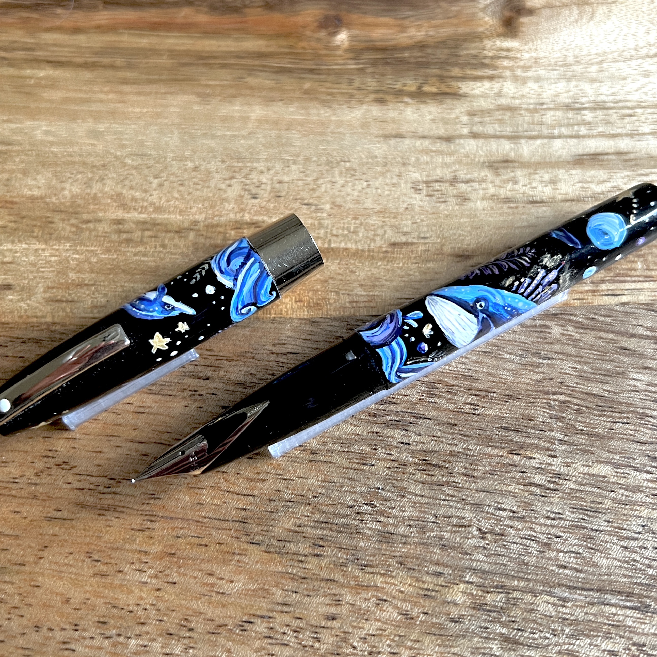 Custom Design Hand Painted Fountain Pen of Space Whale on a vintage Sheaffer compact II