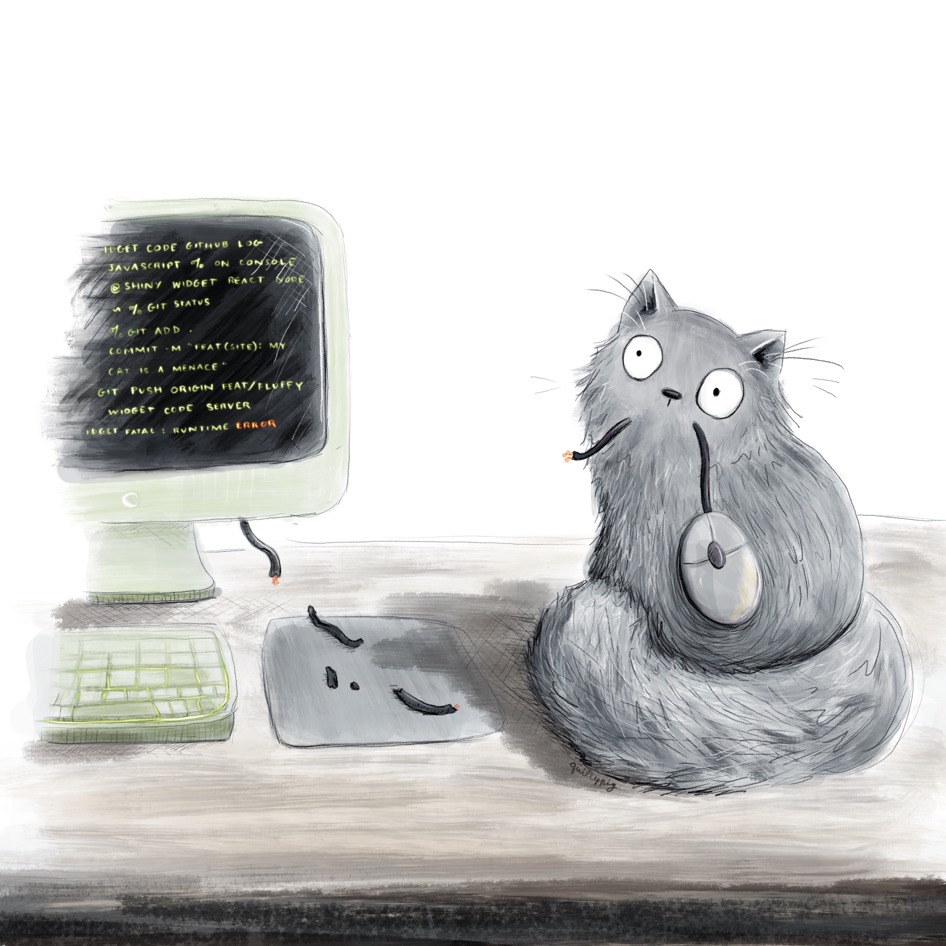 Cute Illustration of a Cat eating a computer mouse