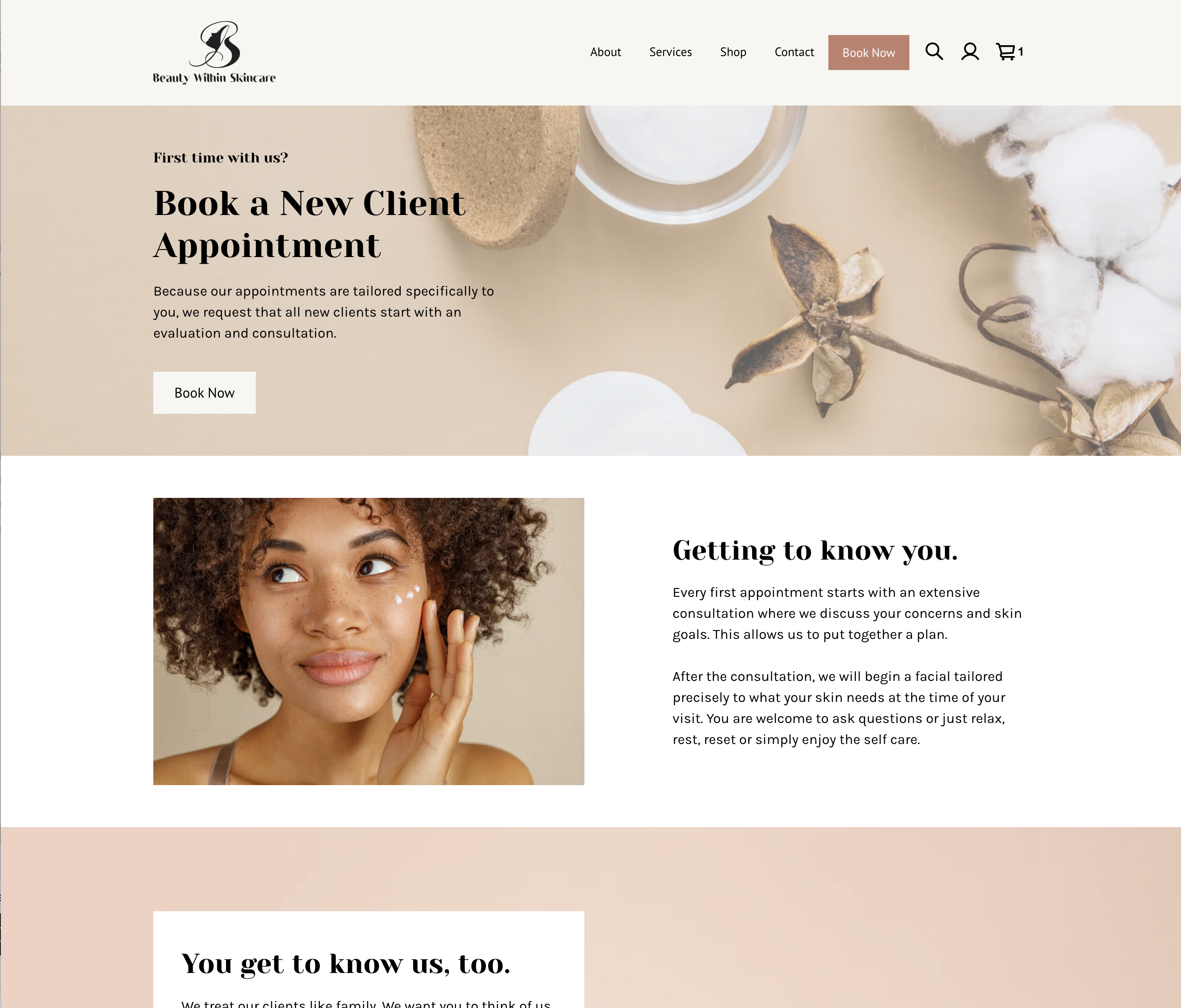 Screenshot of skincare business website design