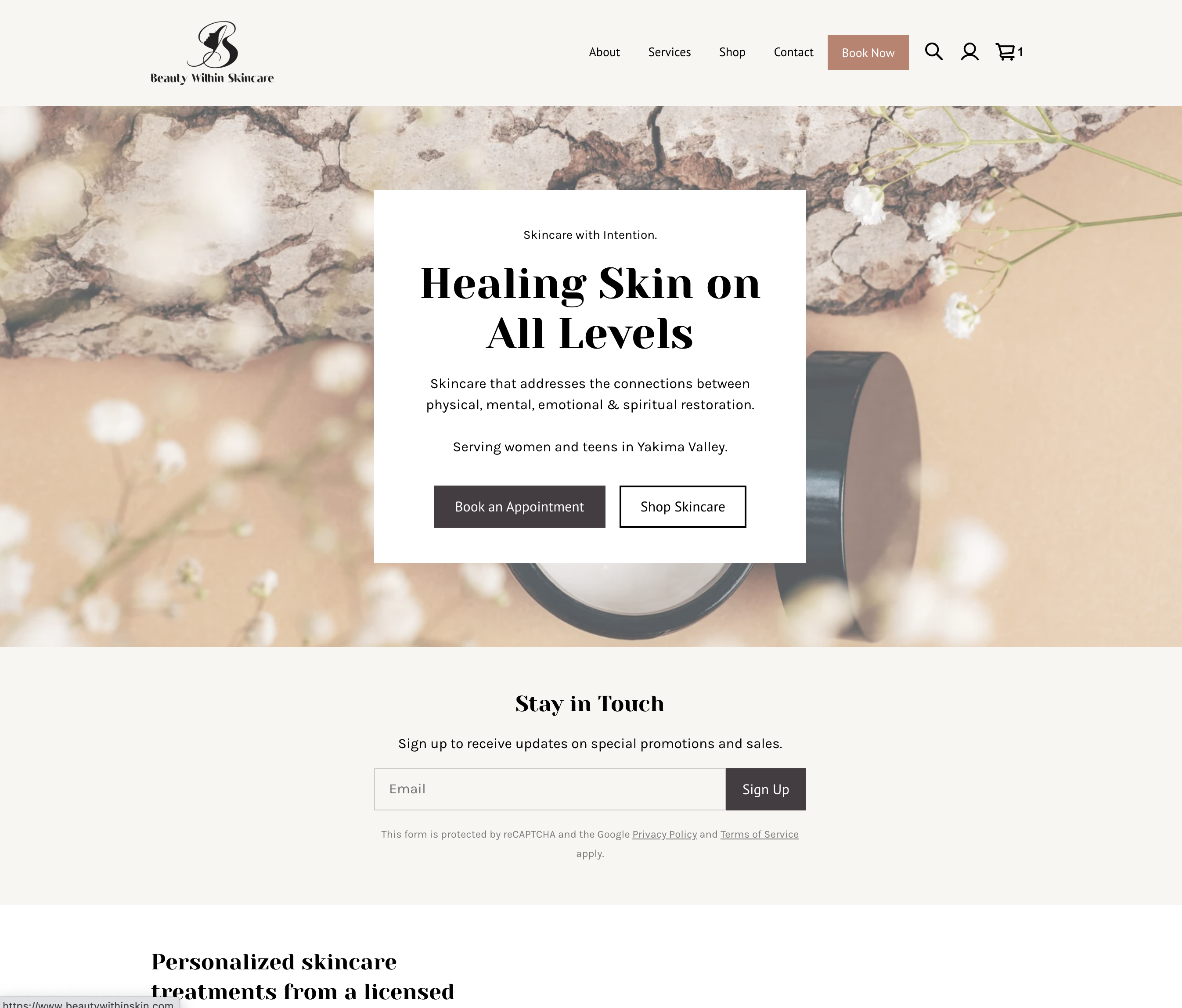 Screenshot of skincare business website design