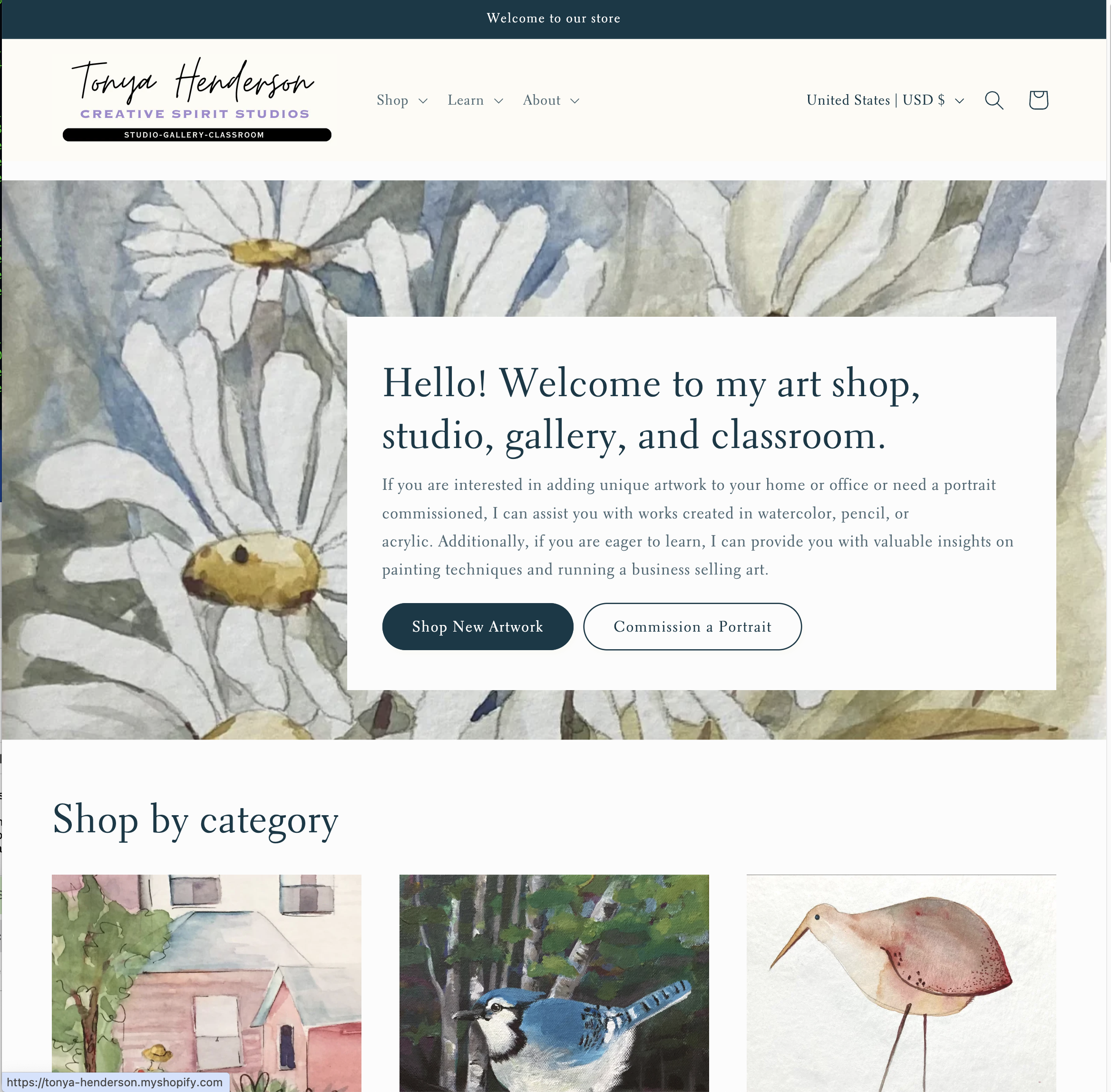 Screenshot of Tonya’s artist website design