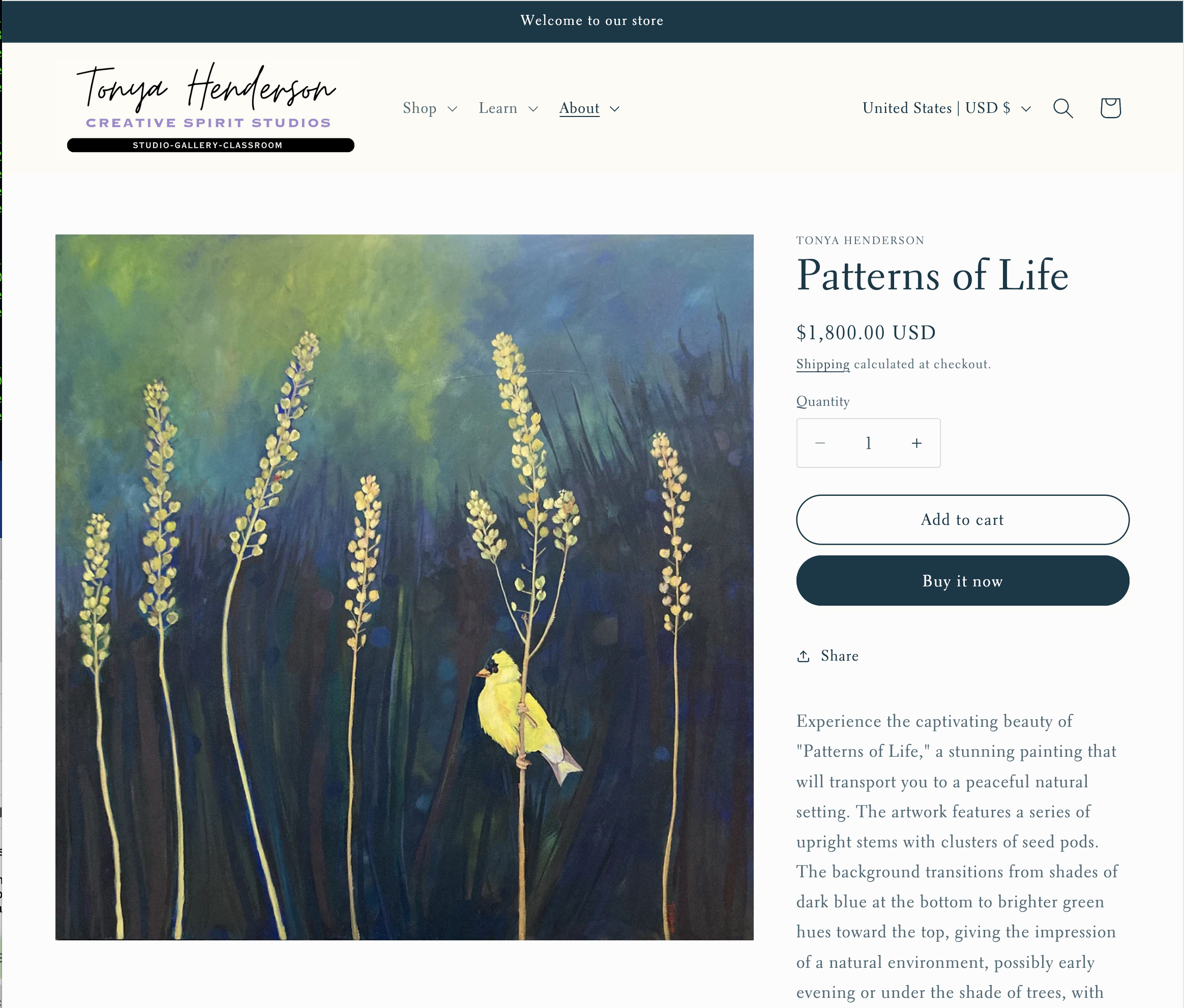 Screenshot of Tonya’s artist website design