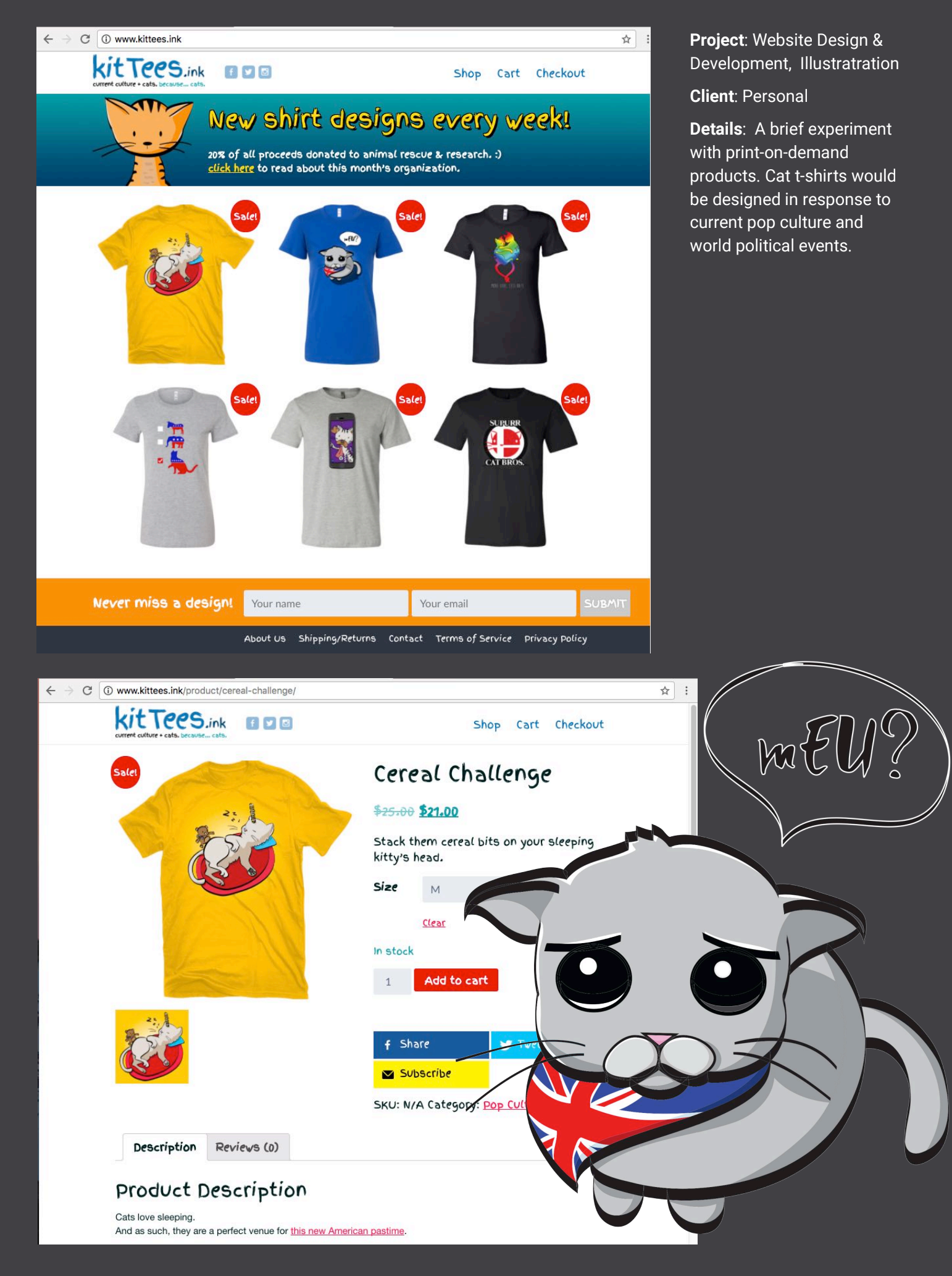 Screenshot of Kittees t-shirt website