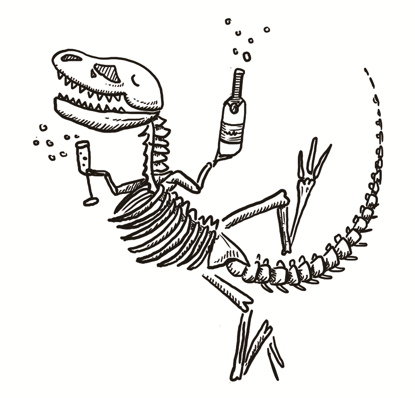 Dinosaur skeleton celebrating with champagne